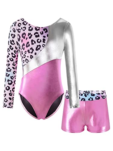 iEFiEL Mädchen Einhörner Turnanzug Langarm Glänzend Gymnastik Kleidung Set Muster Ballett Trikot Tanzkostüme Langarmbody mit Shorts Y Rosa Leopard 110-116 von iEFiEL