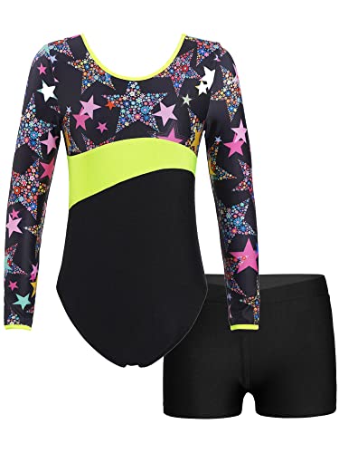 iEFiEL Mädchen Einhörner Turnanzug Langarm Glänzend Gymnastik Kleidung Set Muster Ballett Trikotanzug Tanzkostüme Langarmbody mit Shorts Ub Schwarz + Grün 146-152 von iEFiEL