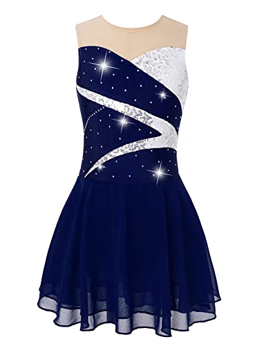 iEFiEL Mädchen Eiskunstlauf Kleid Glitzer Ärmellos Ballettkleid mit Strass Trikotanzug Kinder Tanzkleid Wettbewerb Tanzkostüm Dunkel Blau 110-116 von iEFiEL