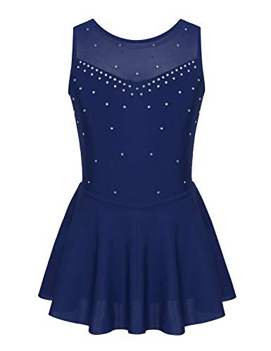 iEFiEL Mädchen Eiskunstlauf Kleid Glitzer Ballettkleid Ärmellos Ballettanzug Ballett Trikot Body mit Strass Wettbewerb Kostüm Gymnastikanzug Navy Blau 158-164 von iEFiEL