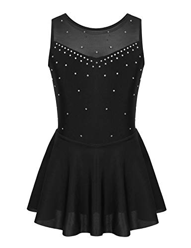 iEFiEL Mädchen Eiskunstlauf Kleid Glitzer Ballettkleid Ärmellos Ballettanzug Ballett Trikot Body mit Strass Wettbewerb Kostüm Gymnastikanzug Schwarz 158-164 von iEFiEL