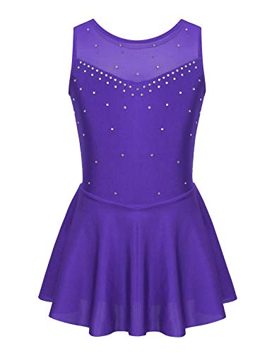 iEFiEL Mädchen Eiskunstlauf Kleid Glitzer Ballettkleid Ärmellos Ballettanzug Ballett Trikot Body mit Strass Wettbewerb Kostüm Gymnastikanzug Violett 158-164 von iEFiEL