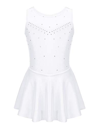 iEFiEL Mädchen Eiskunstlauf Kleid Glitzer Ballettkleid Ärmellos Ballettanzug Ballett Trikot Body mit Strass Wettbewerb Kostüm Gymnastikanzug Weiß 122-128 von iEFiEL