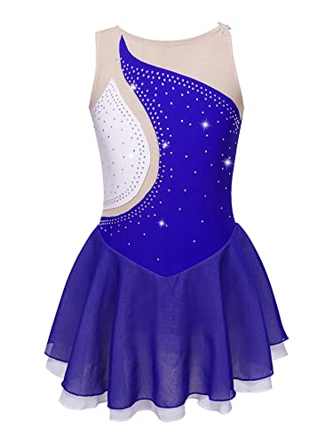 iEFiEL Mädchen Eiskunstlauf Kleid Glitzer Ballettkleid Ärmellos Ballettanzug Ballett Trikot Body mit Strass Wettbewerb Kostüm Gymnastikanzug Y Royal Blau 122-128 von iEFiEL