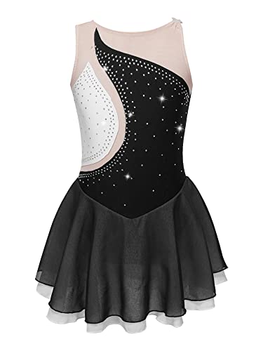 iEFiEL Mädchen Eiskunstlauf Kleid Glitzer Ballettkleid Ärmellos Ballettanzug Ballett Trikot Body mit Strass Wettbewerb Kostüm Gymnastikanzug Y Schwarz 122-128 von iEFiEL