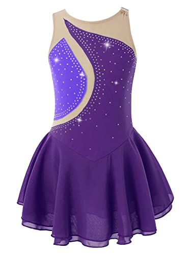 iEFiEL Mädchen Eiskunstlauf Kleid Glitzer Ballettkleid Ärmellos Ballettanzug Ballett Trikot Body mit Strass Wettbewerb Kostüm Gymnastikanzug Y Violett 110-116 von iEFiEL