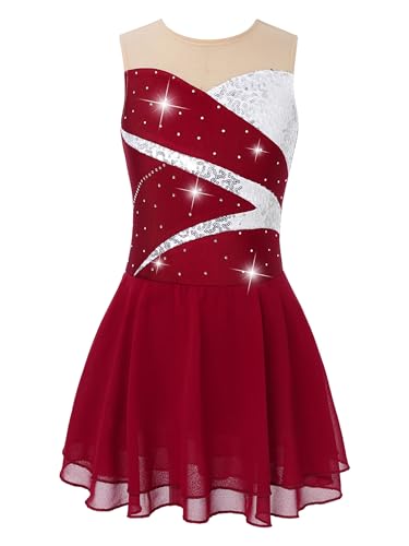 iEFiEL Mädchen Eiskunstlauf Kleid Glitzer Ärmellos Ballettkleid mit Strass Trikotanzug Kinder Tanzkleid Wettbewerb Tanzkostüm Rot 122-128 von iEFiEL