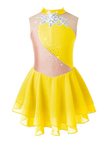 iEFiEL Mädchen Eiskunstlauf Kleid Glitzer Ballettkleid Ärmellos Ballettanzug Ballett Trikot Body mit Strass Wettbewerb Kostüm Gymnastikanzug Yb Gelb 110-116 von iEFiEL