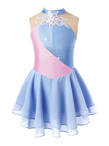 iEFiEL Mädchen Eiskunstlauf Kleid Glitzer Ballettkleid Ärmellos Ballettanzug Ballett Trikot Body mit Strass Wettbewerb Kostüm Gymnastikanzug Yb Grau Blau 110-116 von iEFiEL