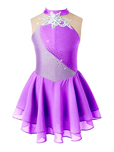 iEFiEL Mädchen Eiskunstlauf Kleid Glitzer Ballettkleid Ärmellos Ballettanzug Ballett Trikot Body mit Strass Wettbewerb Kostüm Gymnastikanzug Yb Lila 134-140 von iEFiEL