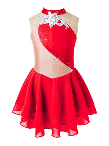 iEFiEL Mädchen Eiskunstlauf Kleid Glitzer Ballettkleid Ärmellos Ballettanzug Ballett Trikot Body mit Strass Wettbewerb Kostüm Gymnastikanzug Yb Rot 110-116 von iEFiEL