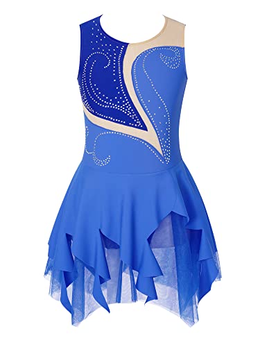 iEFiEL Mädchen Eiskunstlauf Kleid Glitzer Ballettkleid Ärmellos Ballettanzug Ballett Trikot Body mit Strass Wettbewerb Kostüm Gymnastikanzug Yc Blau 146-152 von iEFiEL