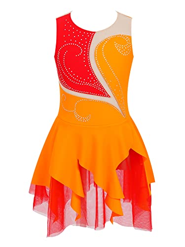 iEFiEL Mädchen Eiskunstlauf Kleid Glitzer Ballettkleid Ärmellos Ballettanzug Ballett Trikot Body mit Strass Wettbewerb Kostüm Gymnastikanzug Yc Orange 122-128 von iEFiEL