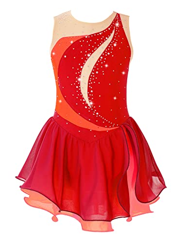 iEFiEL Mädchen Eiskunstlauf Kleid Glitzer Ballettkleid Ärmellos Ballettanzug Ballett Trikot Body mit Strass Wettbewerb Kostüm Gymnastikanzug Yd Rot 110-116 von iEFiEL