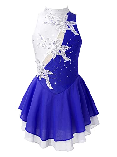 iEFiEL Mädchen Eiskunstlauf Kleid Glitzer Ballettkleid Ärmellos Ballettanzug Ballett Trikot Body mit Strass Wettbewerb Kostüm Gymnastikanzug Za Blau + Weiß 134-140 von iEFiEL