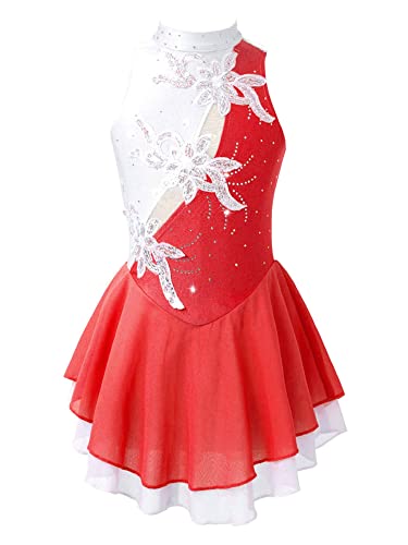 iEFiEL Mädchen Eiskunstlauf Kleid Glitzer Ballettkleid Ärmellos Ballettanzug Ballett Trikot Body mit Strass Wettbewerb Kostüm Gymnastikanzug Za Burgund + Weiß 158-164 von iEFiEL