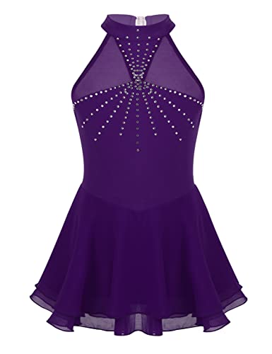 iEFiEL Mädchen Eiskunstlauf Kleid Glitzer Ballettkleid Ärmellos Ballettanzug Ballett Trikot mit Strass Wettbewerb Kostüm Tanzkleidung Violett Neckholder 170-176 von iEFiEL