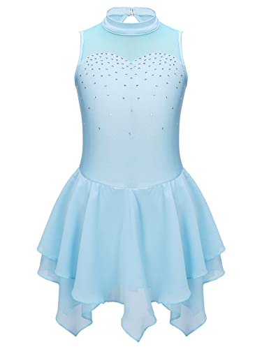 iEFiEL Mädchen Eiskunstlauf Kleid Glitzer Ballettkleid Ärmellos Ballettanzug Ballett Trikot mit Strass Wettbewerb Kostüm Tanzkleidung Z Hell Blau 170-176 von iEFiEL