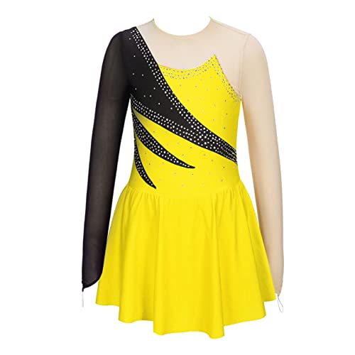 iEFiEL Mädchen Eiskunstlauf Kleider Langarm Glitzer Ballettkleid Swing Kleid Schaukel Tanzkleid Turnanzug Kinder Tanzkostüme Zb Gelb 140 von iEFiEL