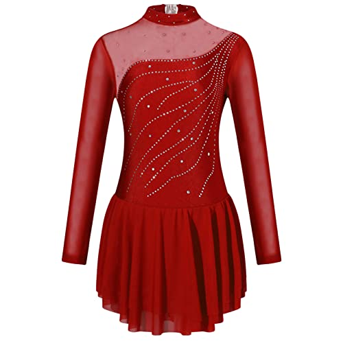 iEFiEL Mädchen Eiskunstlauf Kleider Langarm Glitzer Ballettkleid Swing Kleid Schaukel Tanzkleid Turnanzug Kinder Tanzkostüme Ze Burgundy 116 von iEFiEL