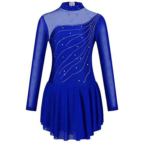 iEFiEL Mädchen Eiskunstlauf Kleider Langarm Glitzer Ballettkleid Swing Kleid Schaukel Tanzkleid Turnanzug Kinder Tanzkostüme Ze Königsblau 164 von iEFiEL