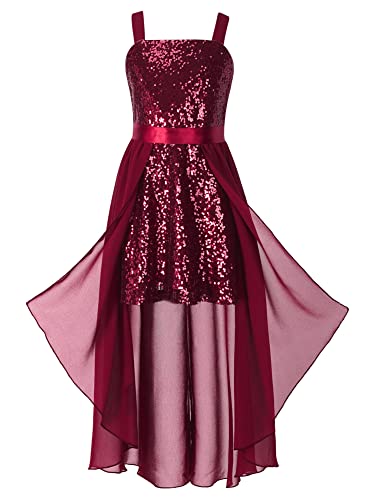 iEFiEL Festliches Kleid Mädchen mit Glitzer Pailletten Overall Hochzeits Jumpsuit Partykleid Festkleid Kinder Gerburtstagskleid Performance Tanz Kostüm Burgundy 122-128 von iEFiEL