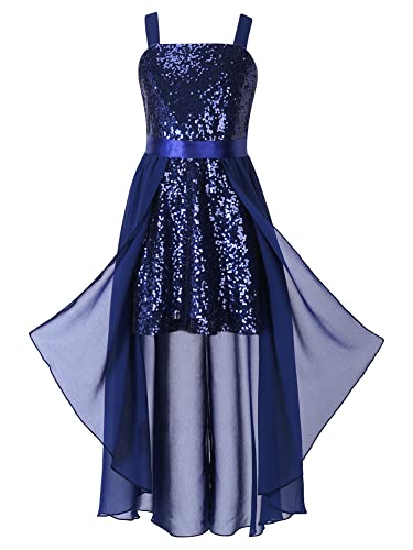 iEFiEL Festliches Kleid Mädchen mit Glitzer Pailletten Overall Hochzeits Jumpsuit Partykleid Festkleid Kinder Gerburtstagskleid Performance Tanz Kostüm Marineblau 122-128 von iEFiEL