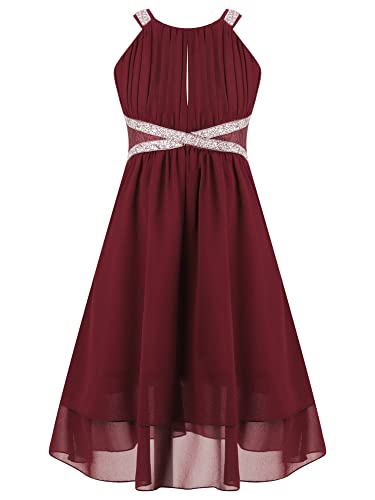 iEFiEL Mädchen Festlich Kleid Glitzer Hochzeit Party Kleid Blumenmädchenkleid Ärmellose Freizeitkleid Sommerkleid Trägerkleid Burgundy Glitzer 170-176 von iEFiEL