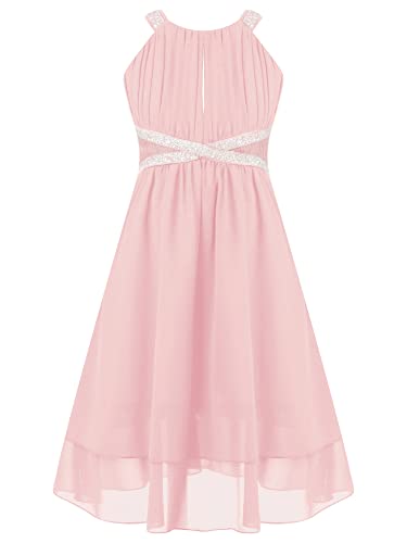 iEFiEL Mädchen Festlich Kleid Glitzer Hochzeit Party Kleid Blumenmädchenkleid Ärmellose Freizeitkleid Sommerkleid Trägerkleid Rosa Glitzer 122-128 von iEFiEL