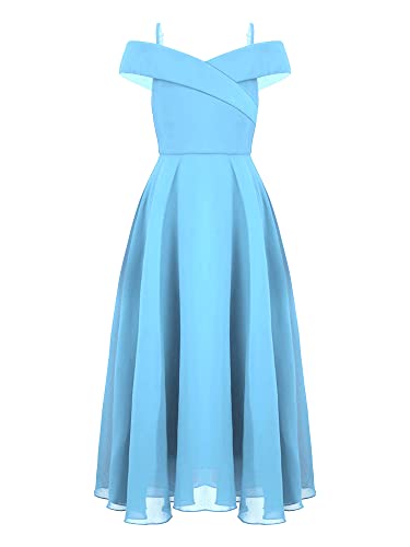 iEFiEL Mädchen Festlich Kleid Hochzeit Brautjungfern Kleider Chiffon Abendkleid Schulterfreies Kleider Sommerkleid Festzug Kleidung Himmel Blau Trägerkleid 158-164 von iEFiEL