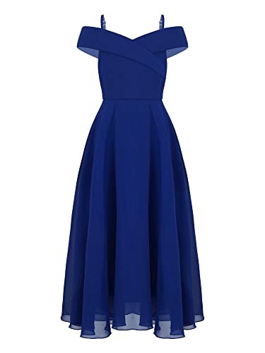 iEFiEL Mädchen Festlich Kleid Hochzeit Brautjungfern Kleider Chiffon Abendkleid Schulterfreies Kleider Sommerkleid Festzug Kleidung Royal Blau Trägerkleid 134-140 von iEFiEL