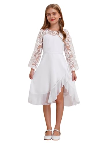 iEFiEL Mädchen Festlich Kleid mit Unregelmäßigem Saum Blumenmädchenkleid Langarm Hochzeitskleid Prinzessinkleid Chiffon Kleid Sommerkleider Kinder Weiß 158-164 von iEFiEL