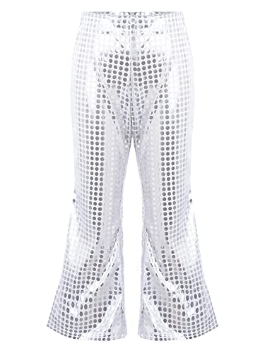 iEFiEL Mädchen Glitzer Hosen Mit Pailletten Schlaghose Lange Glockenhose Hose Hip-Hop Tanzhosen Jazz Jogger Trainingshose Silber 170-176 von iEFiEL