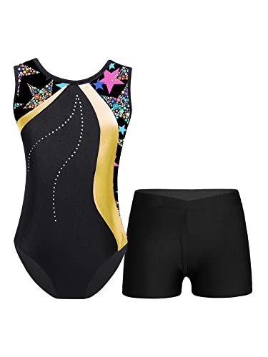 iEFiEL Mädchen Glitzer Turnanzug Ärmellose Leotards Rückenfrei Ballettanzug mit Strass Ballettkleidung Gymnastikbody Tanzkostüm Gelb 122-128 von iEFiEL