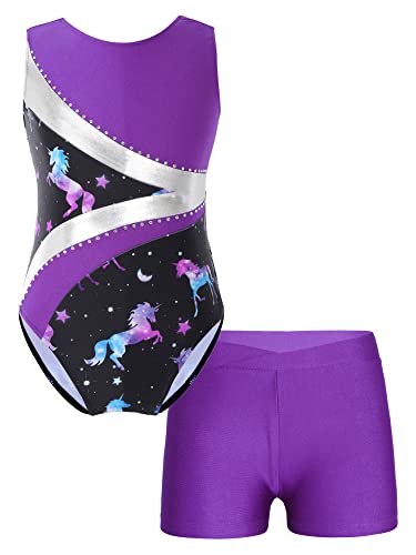 iEFiEL Mädchen Glitzer Turnanzug Ärmellose Leotards Rückenfrei Ballettanzug mit Strass Ballettkleidung Gymnastikbody Tanzkostüm Ud Violett 146-152 von iEFiEL