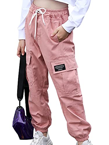 iEFiEL Mädchen Jungen Weich Haremshose Sommer Sporthose Kinder Lange Streifen Cargo Pants Laufhose Streetwear Freizeithose Gr. 92-164 Rosa Kordelzug 146-152 von iEFiEL