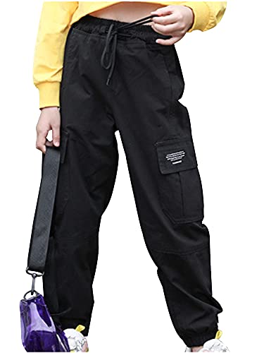 iEFiEL Mädchen Jungen Weich Haremshose Sommer Sporthose Kinder Lange Streifen Cargo Pants Laufhose Streetwear Freizeithose Gr. 92-164 Schwarz Kordelzug 134-140 von iEFiEL