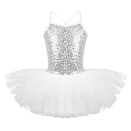 iEFiEL Mädchen Kleid Ballettkleid Kinder Ballett Trikot Ballettanzug mit Tütü Röckchen Pailletten Kleid in Weiß Rosa Türkis (104-110, Weiß) von iEFiEL