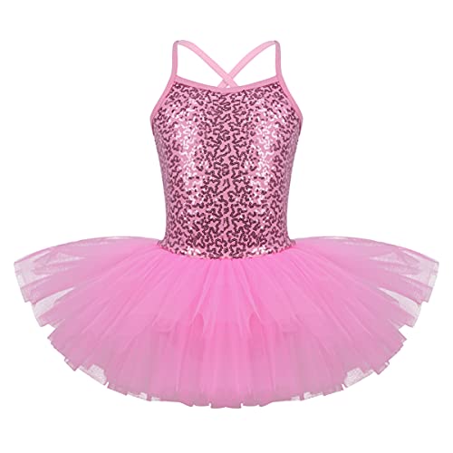 iEFiEL Mädchen Kleid Ballettkleid Kinder Ballett Trikot Ballettanzug mit Tütü Röckchen Pailletten Kleid in Weiß Rosa Türkis (110-116, Rosa) von iEFiEL