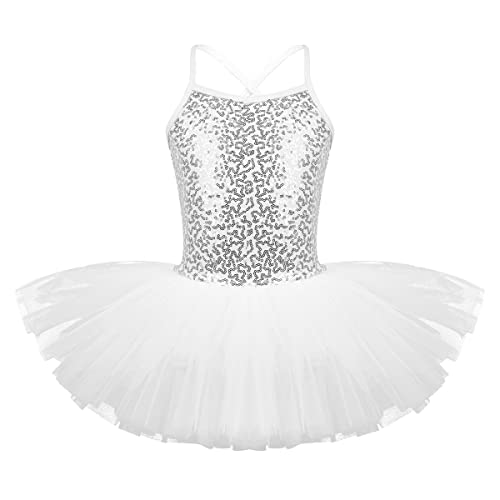 iEFiEL Mädchen Kleid Ballettkleid Kinder Ballett Trikot Ballettanzug mit Tütü Röckchen Pailletten Kleid in Weiß Rosa Türkis (110-116, Weiß) von iEFiEL