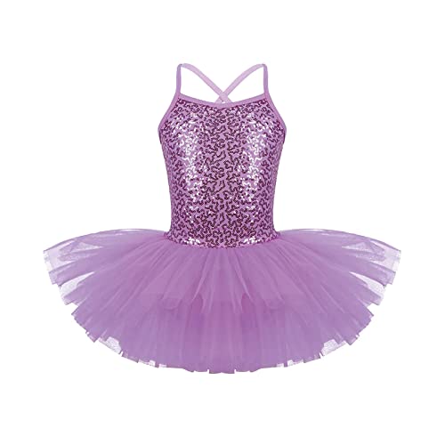 iEFiEL Mädchen Kleid Ballettkleid Kinder Ballett Trikot Glitzer Ballettanzug mit Tütü Röckchen Pailletten Kleid Performance Tanzkleid Violett 140-152 von iEFiEL