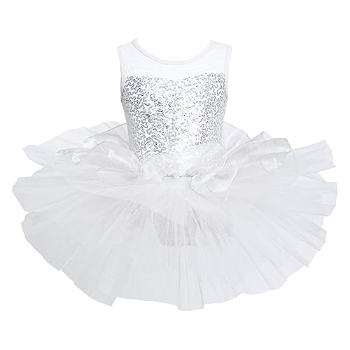 iEFiEL Mädchen Kleid Ballettkleid Kinder Ballett Trikot Glitzer Ballettanzug mit Tütü Röckchen Pailletten Kleid Performance Tanzkleid Weiss B 158-164 von iEFiEL