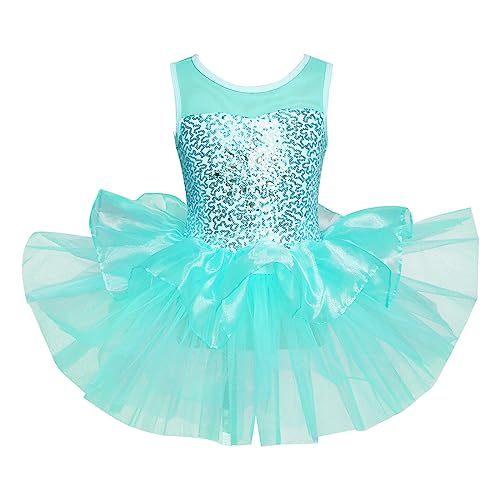 iEFiEL Mädchen Kleid Ballettkleid Kinder Ballett Trikot Glitzer Ballettanzug mit Tütü Röckchen Pailletten Kleid Performance Tanzkleid Grün 146-152 von iEFiEL