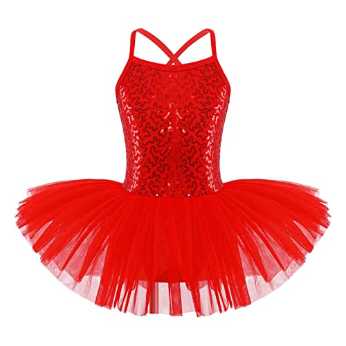 iEFiEL Mädchen Kleid Ballettkleid Kinder Ballett Trikot Glitzer Ballettanzug mit Tütü Röckchen Pailletten Kleid Performance Tanzkleid X Rot 104-110 von iEFiEL