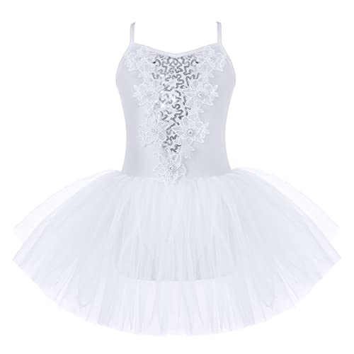 iEFiEL Mädchen Kleid Ballettkleid Kinder Ballett Trikot Glitzer Ballettanzug mit Tütü Röckchen Pailletten Kleid Performance Tanzkleid Xa Weiß 122-128 von iEFiEL