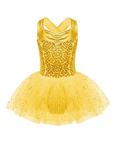 iEFiEL Mädchen Kleid Ballettkleid Kinder Ballett Trikot Glitzer Ballettanzug mit Tütü Röckchen Pailletten Kleid Performance Tanzkleid Xb Gold 134-140 von iEFiEL