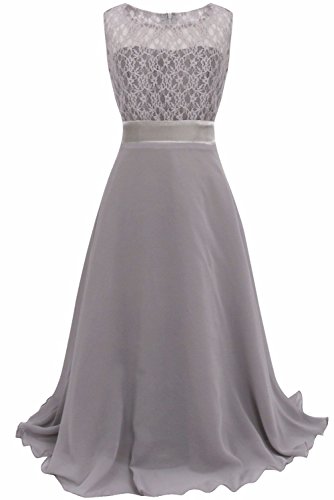 iEFiEL Mädchen Kleid Blumenspitze Prinzessin Kleid Ärmellose Party Kleid Lange Festlich Hochzeit Kleid - Gr.140 (10 Jahre) - Grau von iEFiEL