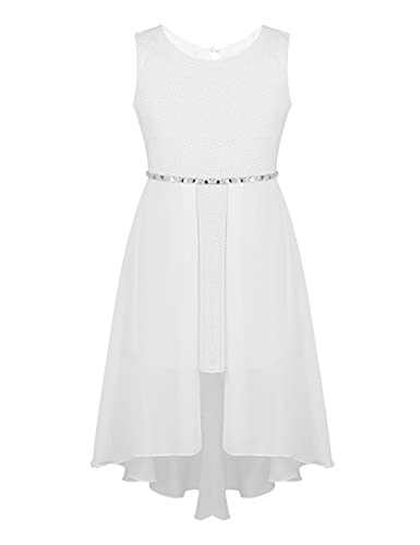 iEFiEL Mädchen Kleid Festlich Chiffon Blumenmädchenkleider für Hochzeit Partykleid mit Strass Gürtel Sommer Kleid Weiß 164 von iEFiEL