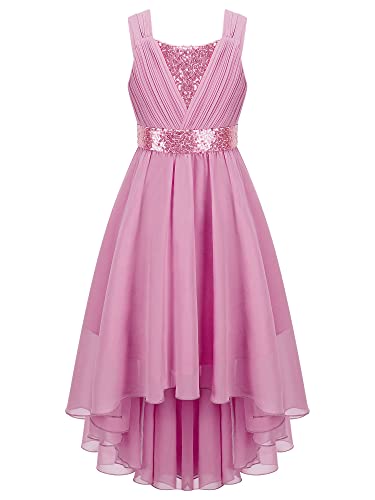 iEFiEL Mädchen Kleid Festlich Glitzer Festkleid mit Pailletten Hochzeit Blumenmädchenkleider Prinzessin Kleid Vokuhila Kleid Cocktailkleid Partykleid Rosa 170-176 von iEFiEL