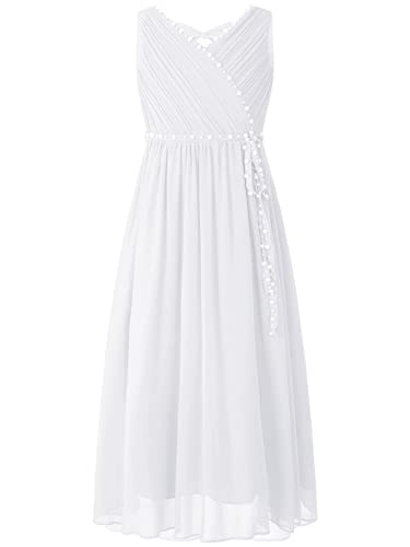 iEFiEL Mädchen Kleid Festlich Lang Kinder Kleidung Hochzeit mit Perlen Schleife Blumenmädchenkleid Prinzessin Kleid Chiffonkleid Weiß 122-128 von iEFiEL